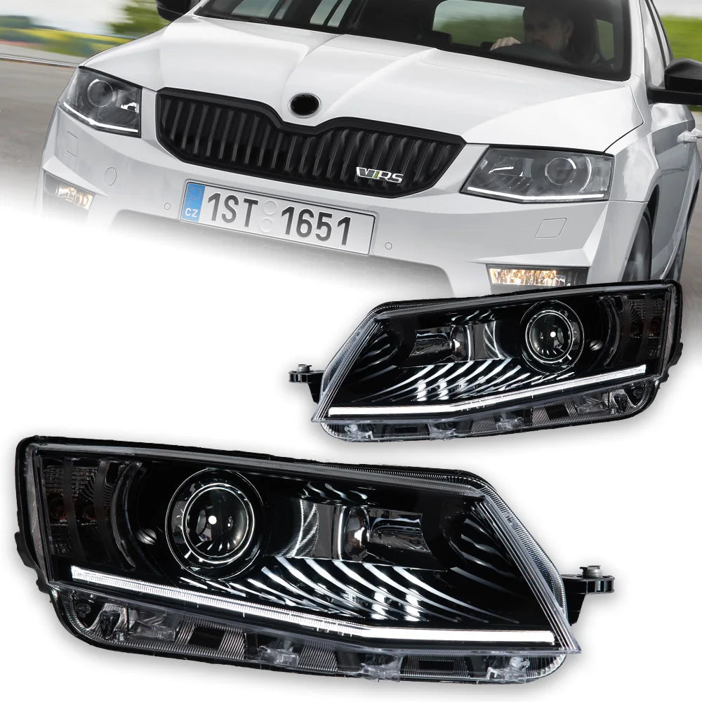2Pcs Bi Halogen LED Headlight for Skoda Octavia 2014-2017 DRL Hid Head Lamp Car Styling Front Auto Lights Lighting Assembly Replacement Parts Exterior Lights Automotive Accessories