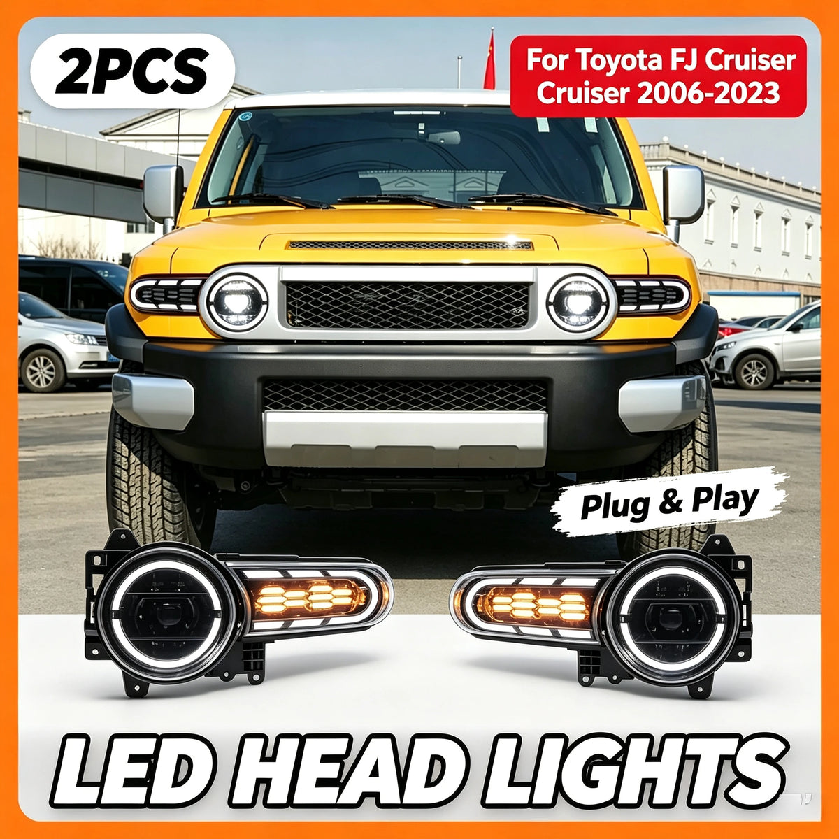 Sequential LED Headlights for Toyota FJ Cruiser 2007-2020 DRL Projector Front Lamps L+R
