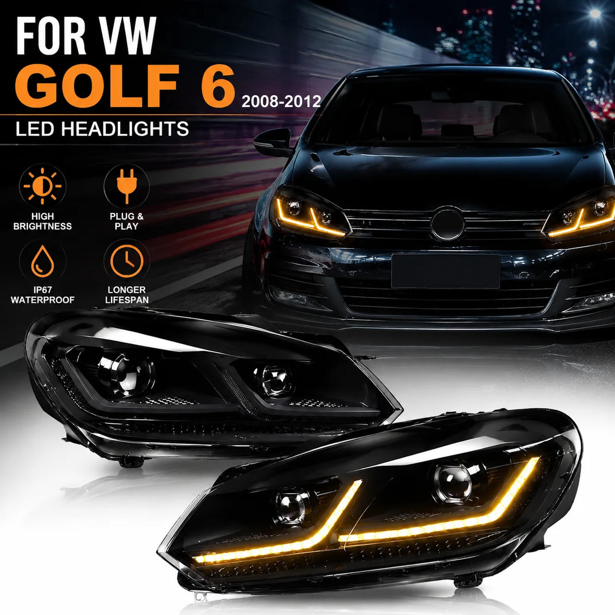 2Pcs Car LED Lights For VW Golf 6 Headlight Mk6 2009-2012  LED Projector Lens headlight Yellow + White DRL Turn Signal Lamps High Beam Lamps,Plug and Play