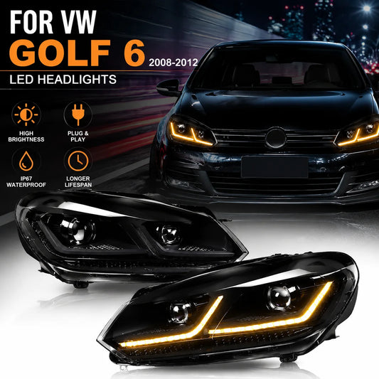 2Pcs Car LED Lights For VW Golf 6 Headlight Mk6 2009-2012  LED Projector Lens headlight Yellow + White DRL Turn Signal Lamps High Beam Lamps,Plug and Play