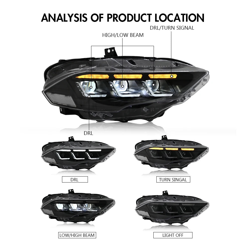 Led Headlight For 2018-2023 Ford Mustang S650 Projector Front Lamp Assembly with Triple Beam Len Seamless replacement Universal