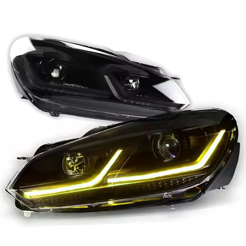 2Pcs Car LED Lights For VW Golf 6 Headlight Mk6 2009-2012  LED Projector Lens headlight Yellow + White DRL Turn Signal Lamps High Beam Lamps,Plug and Play
