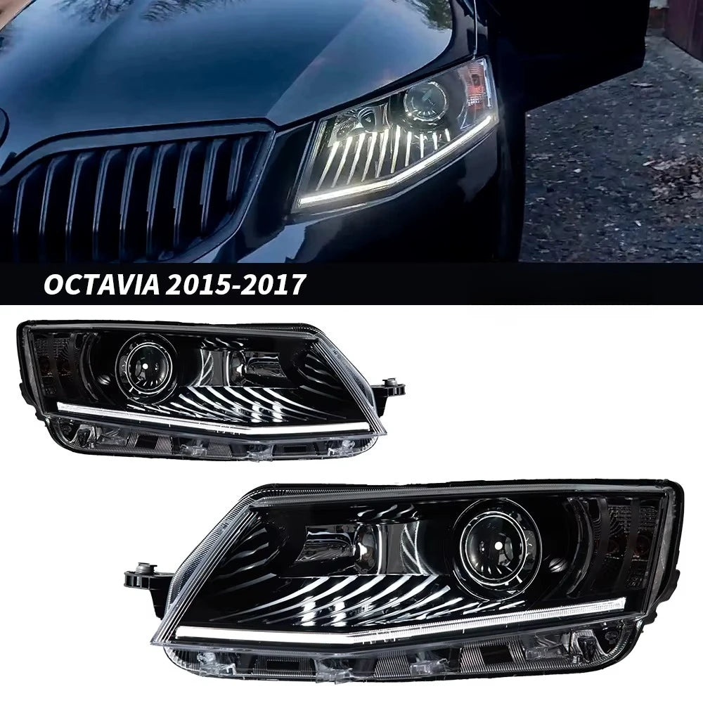 2Pcs Bi Halogen LED Headlight for Skoda Octavia 2014-2017 DRL Hid Head Lamp Car Styling Front Auto Lights Lighting Assembly Replacement Parts Exterior Lights Automotive Accessories