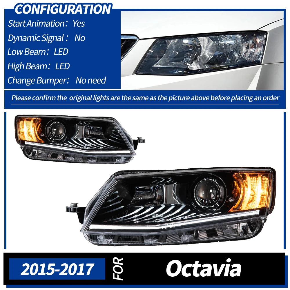 2Pcs Bi Halogen LED Headlight for Skoda Octavia 2014-2017 DRL Hid Head Lamp Car Styling Front Auto Lights Lighting Assembly Replacement Parts Exterior Lights Automotive Accessories