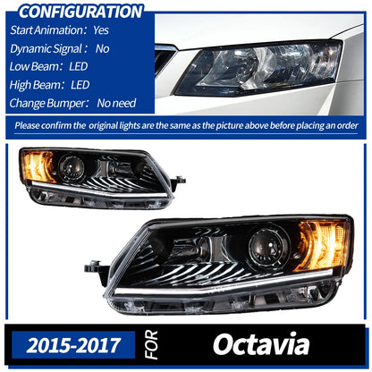 2Pcs Bi Halogen LED Headlight for Skoda Octavia 2014-2017 DRL Hid Head Lamp Car Styling Front Auto Lights Lighting Assembly Replacement Parts Exterior Lights Automotive Accessories