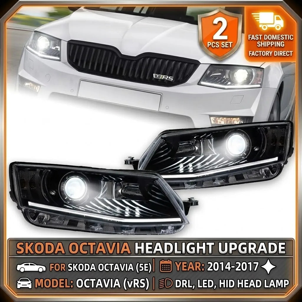 2Pcs Bi Halogen LED Headlight for Skoda Octavia 2014-2017 DRL Hid Head Lamp Car Styling Front Auto Lights Lighting Assembly Replacement Parts Exterior Lights Automotive Accessories