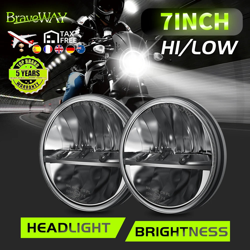 Braveway Pair 7" LED Headlights High/Low Beam for Jeep Wrangler Toyota Landcruiser HZJ75 78 79 Series SUV 12V 24V