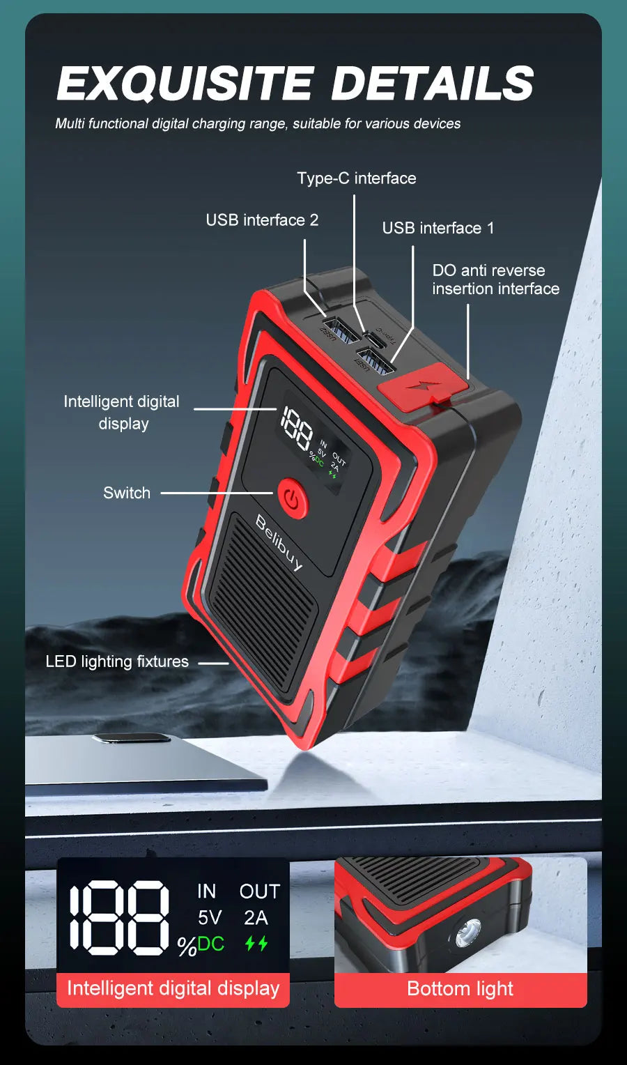 12VCar Battery Starter,5000mAh Portable Emergency Jump Starter,Auto Engine Booster,Vehicle Electronic Accessory,Emergency Tool