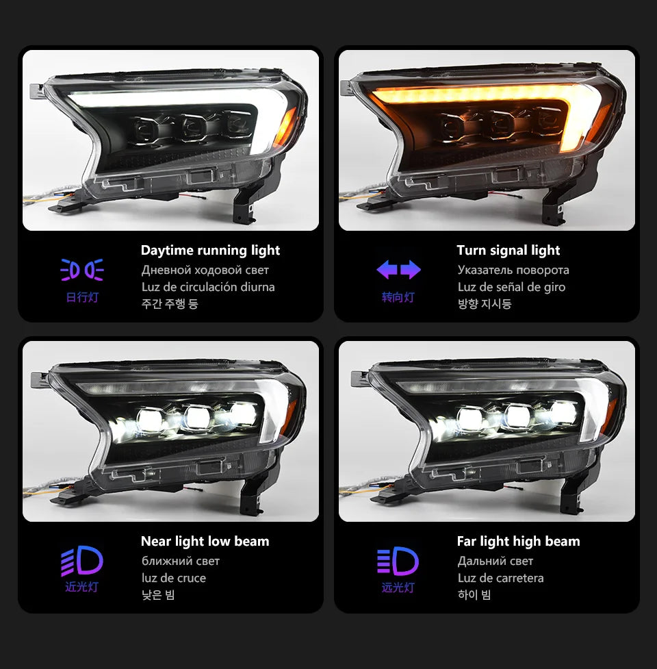 Paire de phares avant pour Ford Ranger 2016-2021 / Projecteurs LED / Droit et Gauche