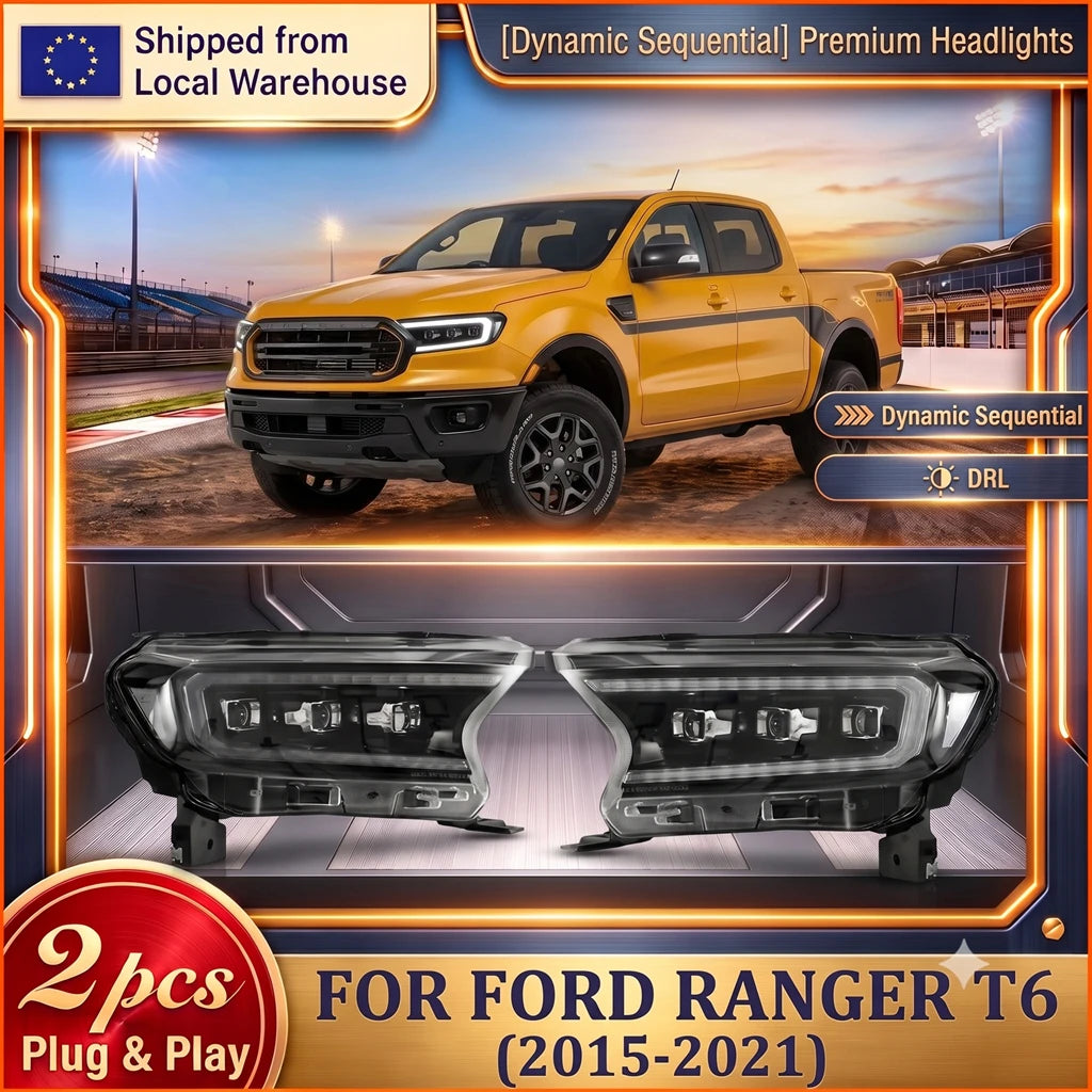 2PCS T6 LED Headlight Assembly E‑Mark Approved For Ford Ranger T6 Wildtrak Raptor Pickup Dynamic Sequential Amber Turn Signal Full LED Headlamps DRL High Low Beam Direct Fit Plug And Play IP67 Waterproof Auto Upgrade Kit 2P