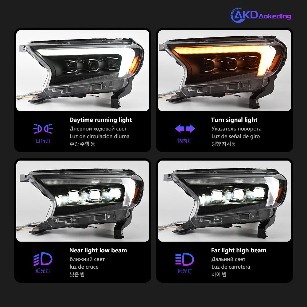 Paire de phares avant pour Ford Ranger 2016-2021 / Projecteurs LED / Droit et Gauche