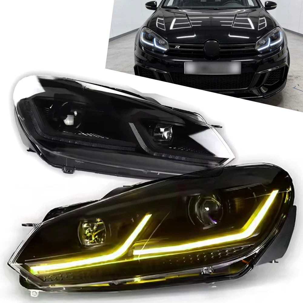 2Pcs Car LED Lights For VW Golf 6 Headlight Mk6 2009-2012  LED Projector Lens headlight Yellow + White DRL Turn Signal Lamps High Beam Lamps,Plug and Play