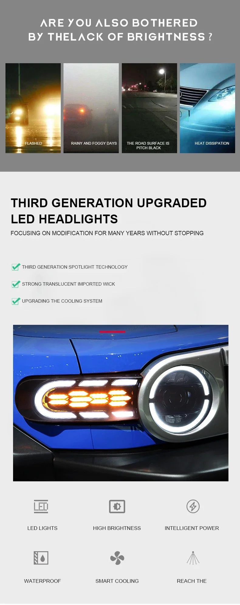 Sequential LED Headlights for Toyota FJ Cruiser 2007-2020 DRL Projector Front Lamps L+R