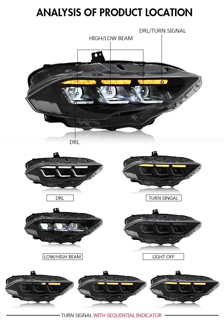 Led Headlight For 2018-2023 Ford Mustang S650 Projector Front Lamp Assembly with Triple Beam Len Seamless replacement Universal
