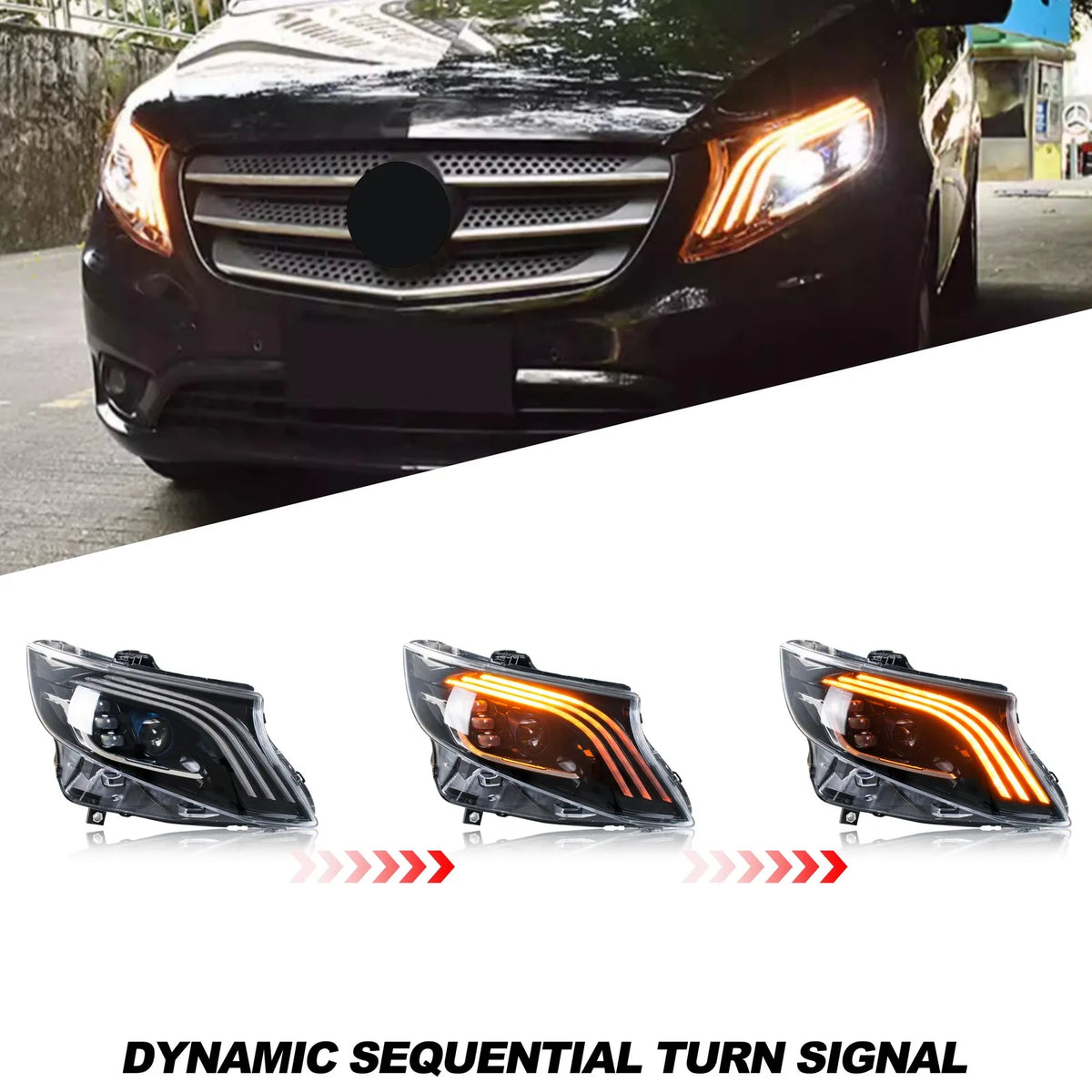 LED Headlights for Mercedes Benz Vito Metris 2016-2023 Sequential Turn Signal Projector Front  Lamps Pair Assembly